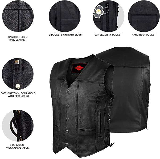 Alpha Leather Motorcycle Vest for Men Riding Club Black Biker Vests With Concealed Carry Gun Pocket Cruise Vintage